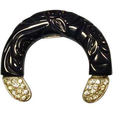 Vintage Art Deco Carved Black Bakelite Rhinestone… - image 1