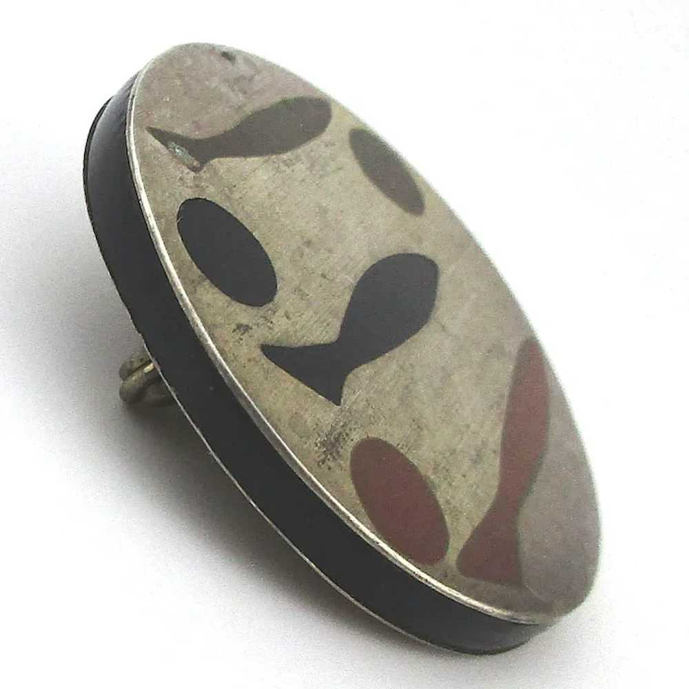Old Sterling Silver Mexican Pin Inlaid Onyx FISH … - image 2
