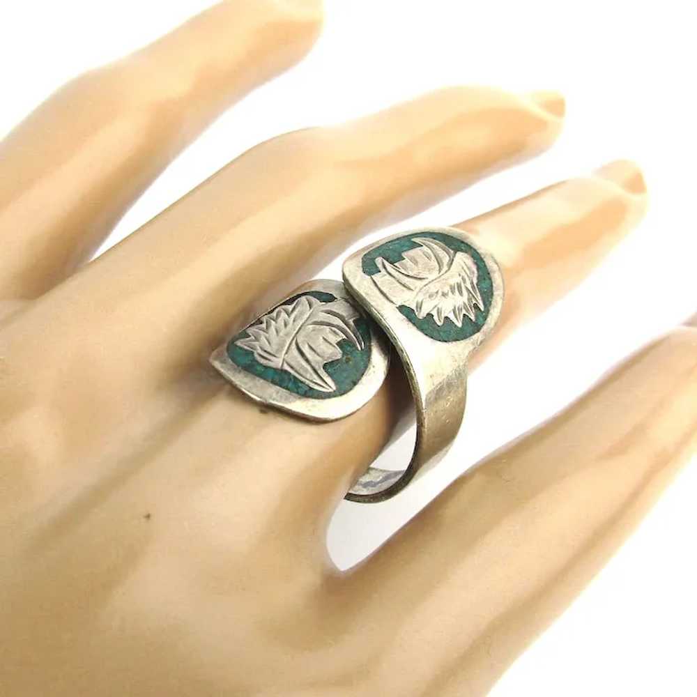 Mexican Sterling Silver Wraparound Ring Inlaid Ea… - image 5