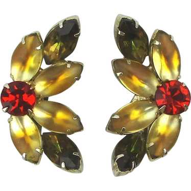 Jeweled Flower Curved Clip Earrings Big Prong Set 