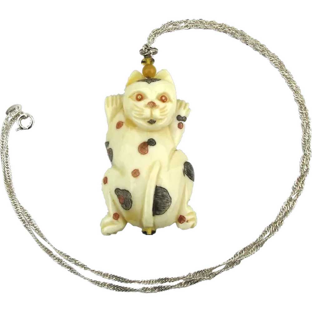 Hand-Carved Bone Cat Pendant Necklace Sterling Si… - image 1