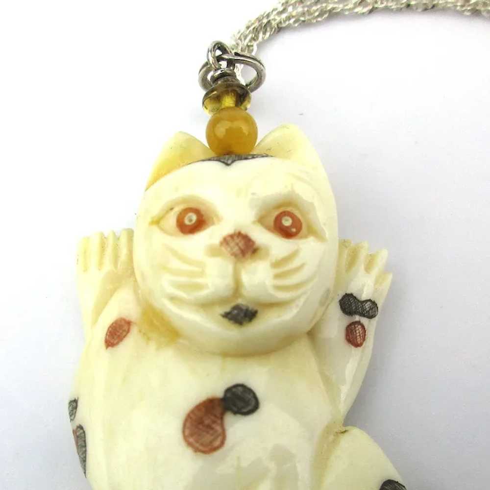 Hand-Carved Bone Cat Pendant Necklace Sterling Si… - image 2