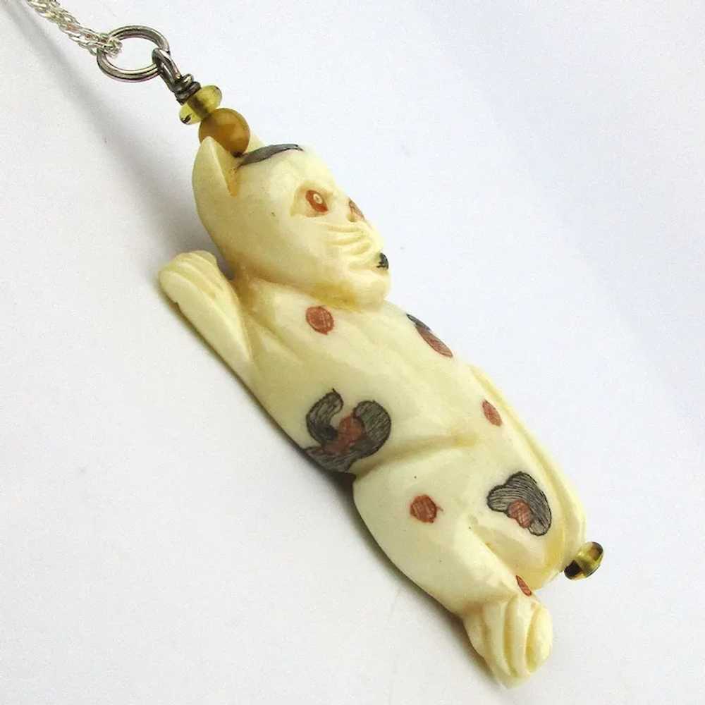 Hand-Carved Bone Cat Pendant Necklace Sterling Si… - image 3