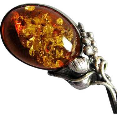 Genuine Baltic Amber Sterling Silver Flower Pin
