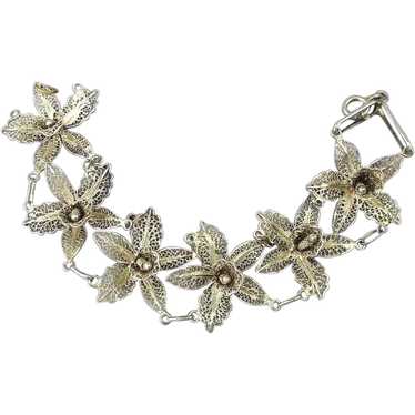Vintage Sterling Silver Filigree Flowers Bracelet