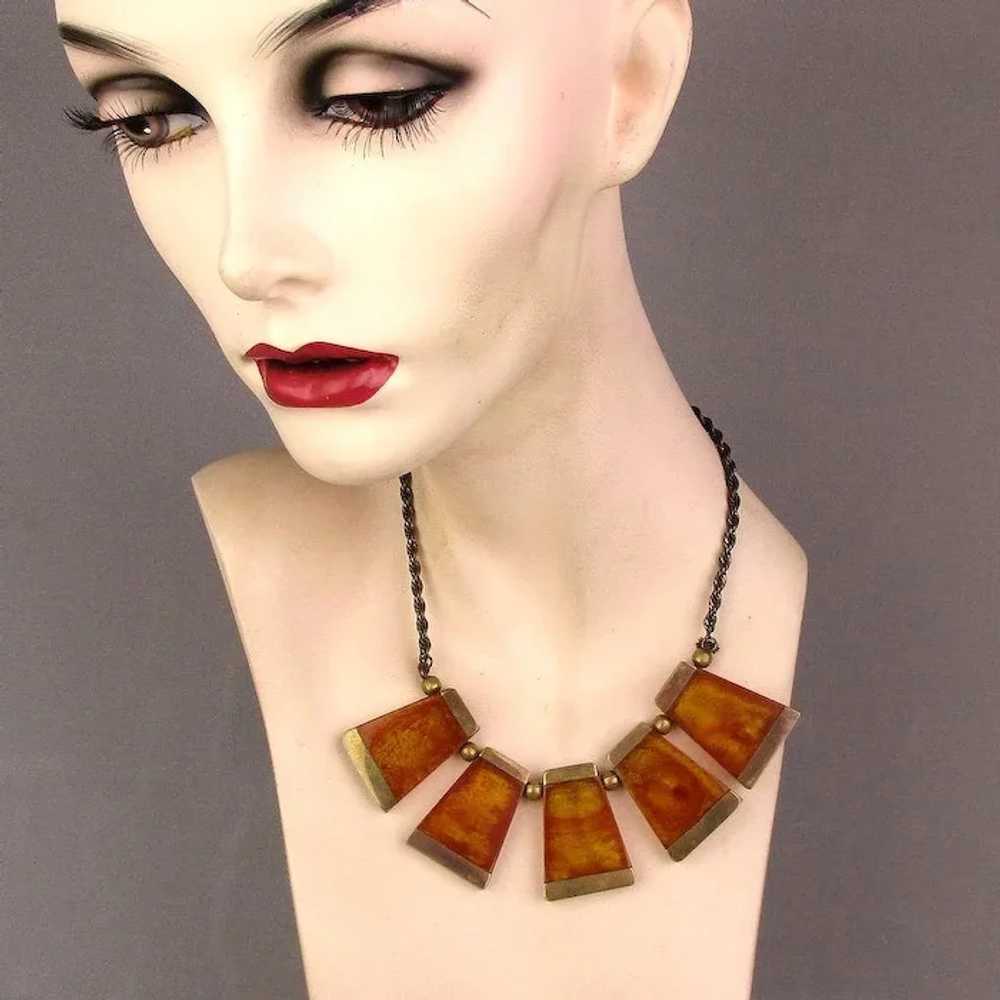 Vintage Lucite Necklace Unusual Gilt Dangles - image 2