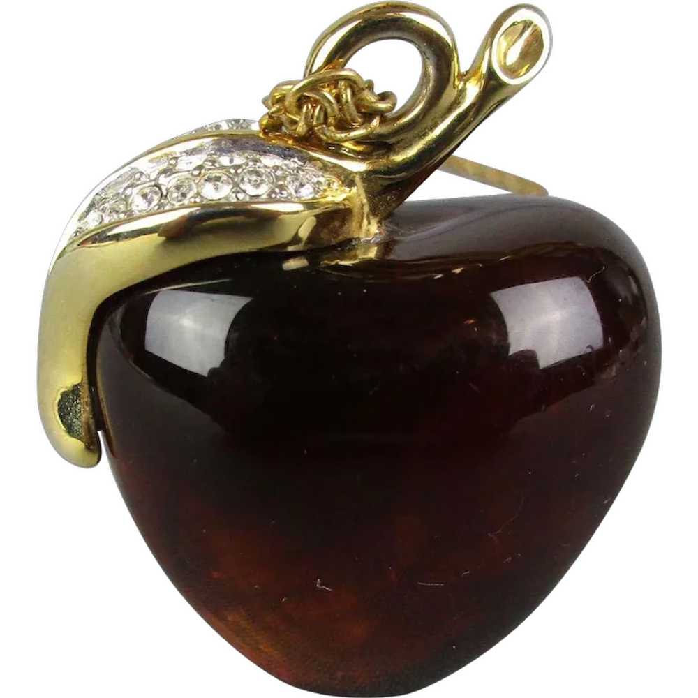 Vintage Amber Lucite APPLE Pendant Necklace w/ Rh… - image 1