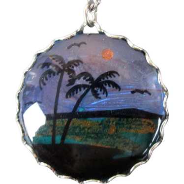 c1950 Butterfly Wing Pendant Necklace Palm Trees … - image 1