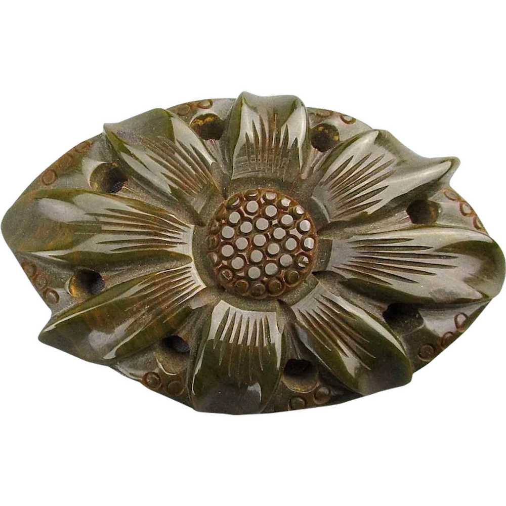 Huge Old Bakelite Carved Sunflower Pin Brooch - image 1