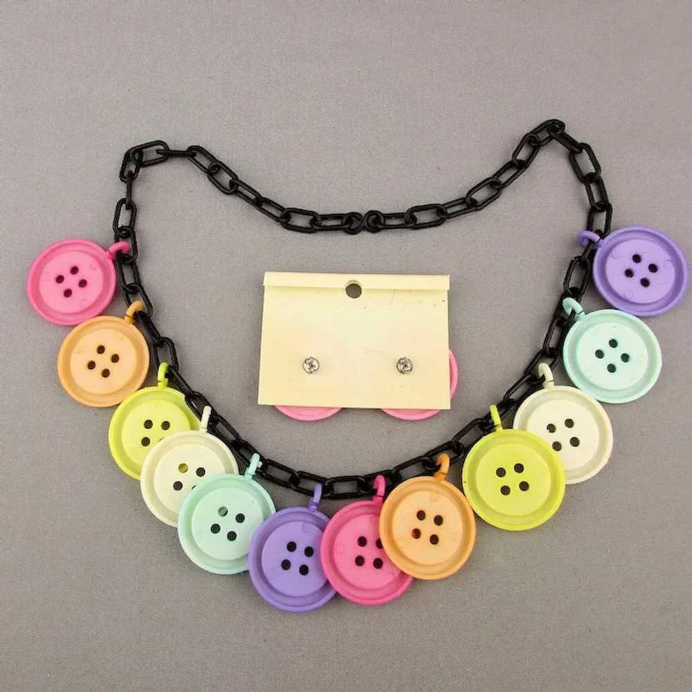 Vintage Plastic Button Charm Necklace w/ Post Ear… - image 3