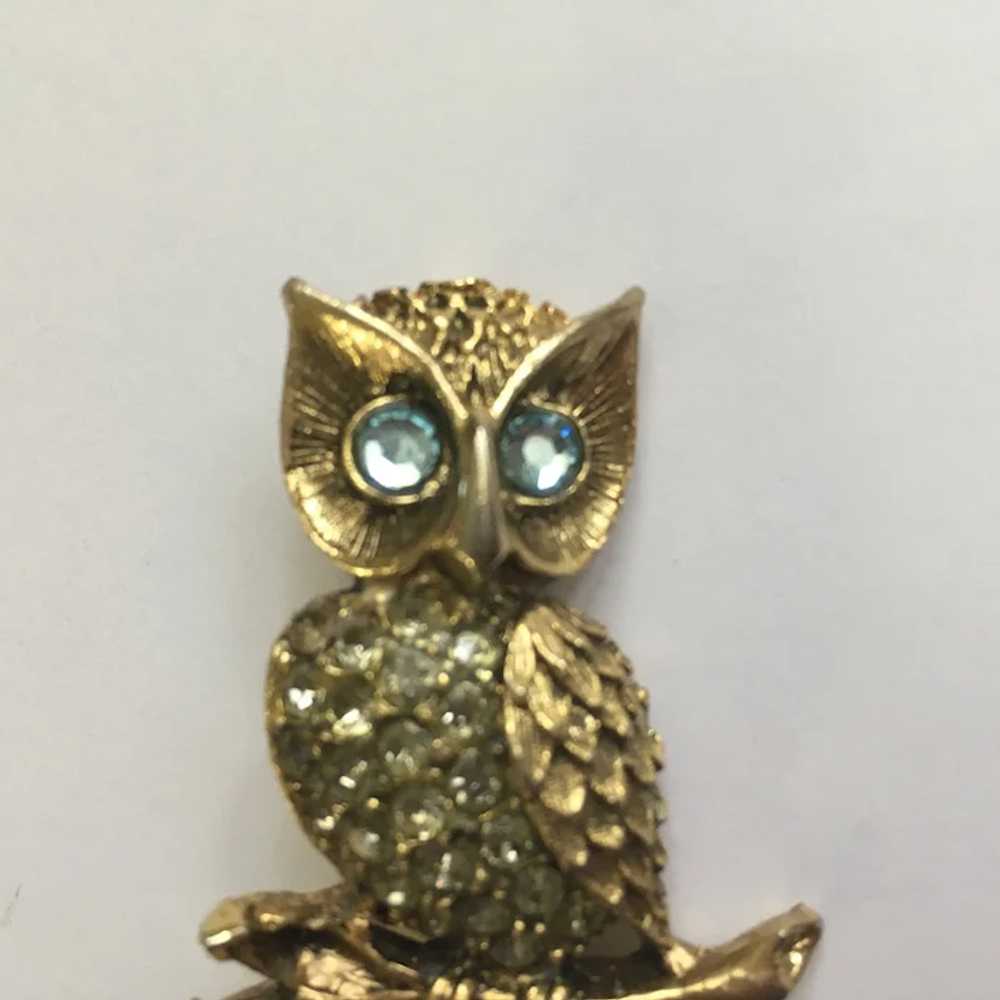 Witty Owl Gold-tone Rhinestone Blue Eyed Owl Pin … - image 2