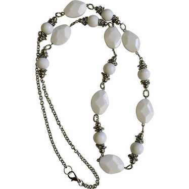 Long White Plastic Beads and Silver-Tone Chain Ne… - image 1