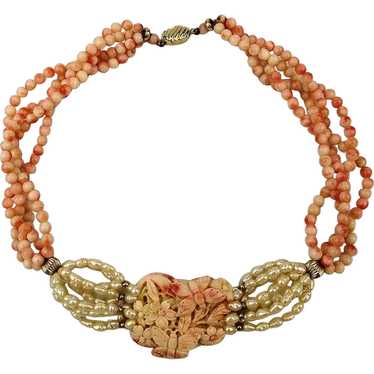 Gorgeous Multi Strand Carved Angel Skin Coral Nec… - image 1