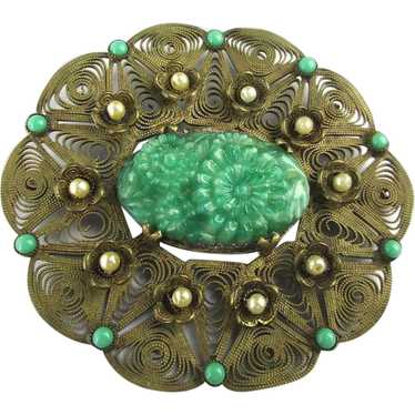 Large 1920s Brass Filigree Pin w/ Carved Green Cz… - image 1