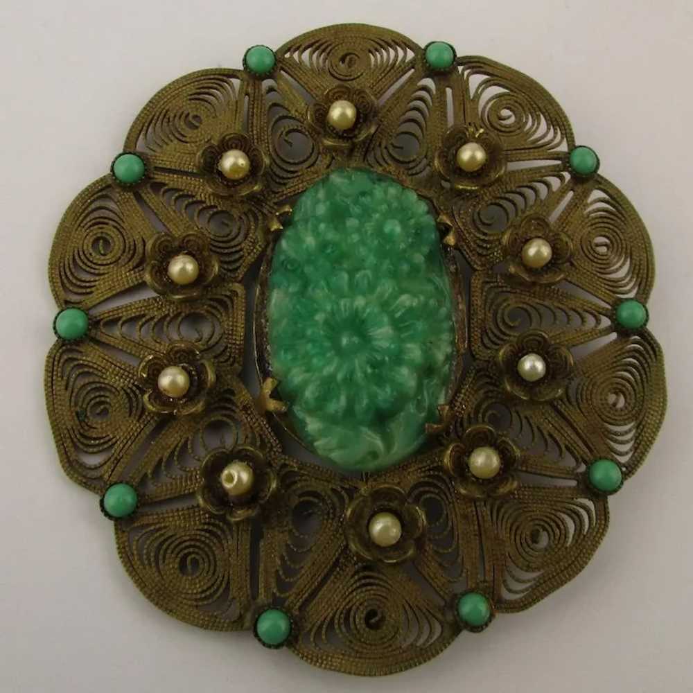 Large 1920s Brass Filigree Pin w/ Carved Green Cz… - image 2
