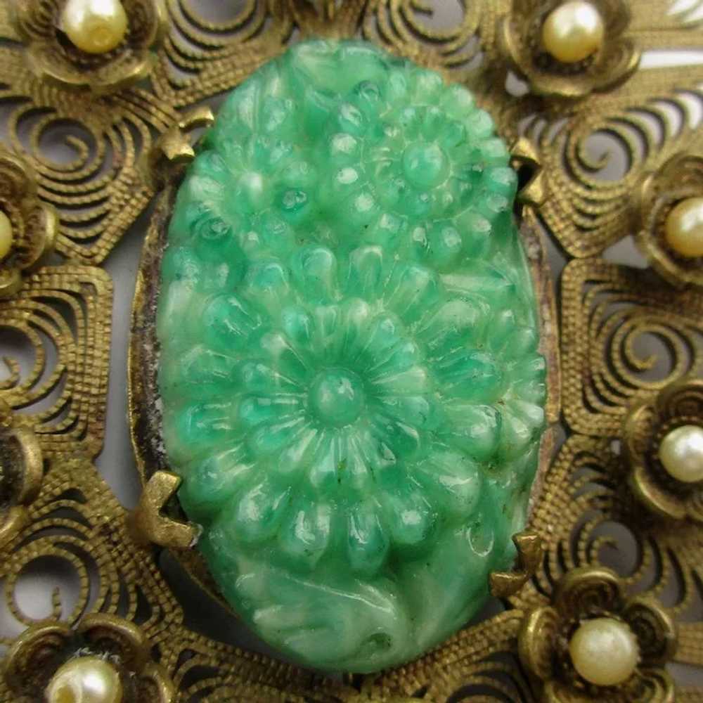 Large 1920s Brass Filigree Pin w/ Carved Green Cz… - image 3