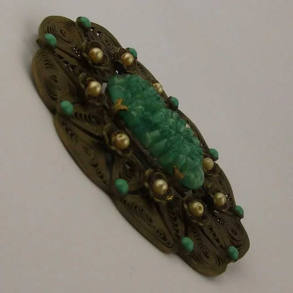 Large 1920s Brass Filigree Pin w/ Carved Green Cz… - image 4