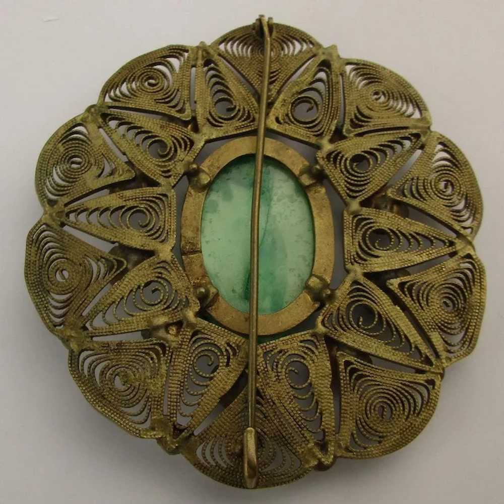 Large 1920s Brass Filigree Pin w/ Carved Green Cz… - image 5