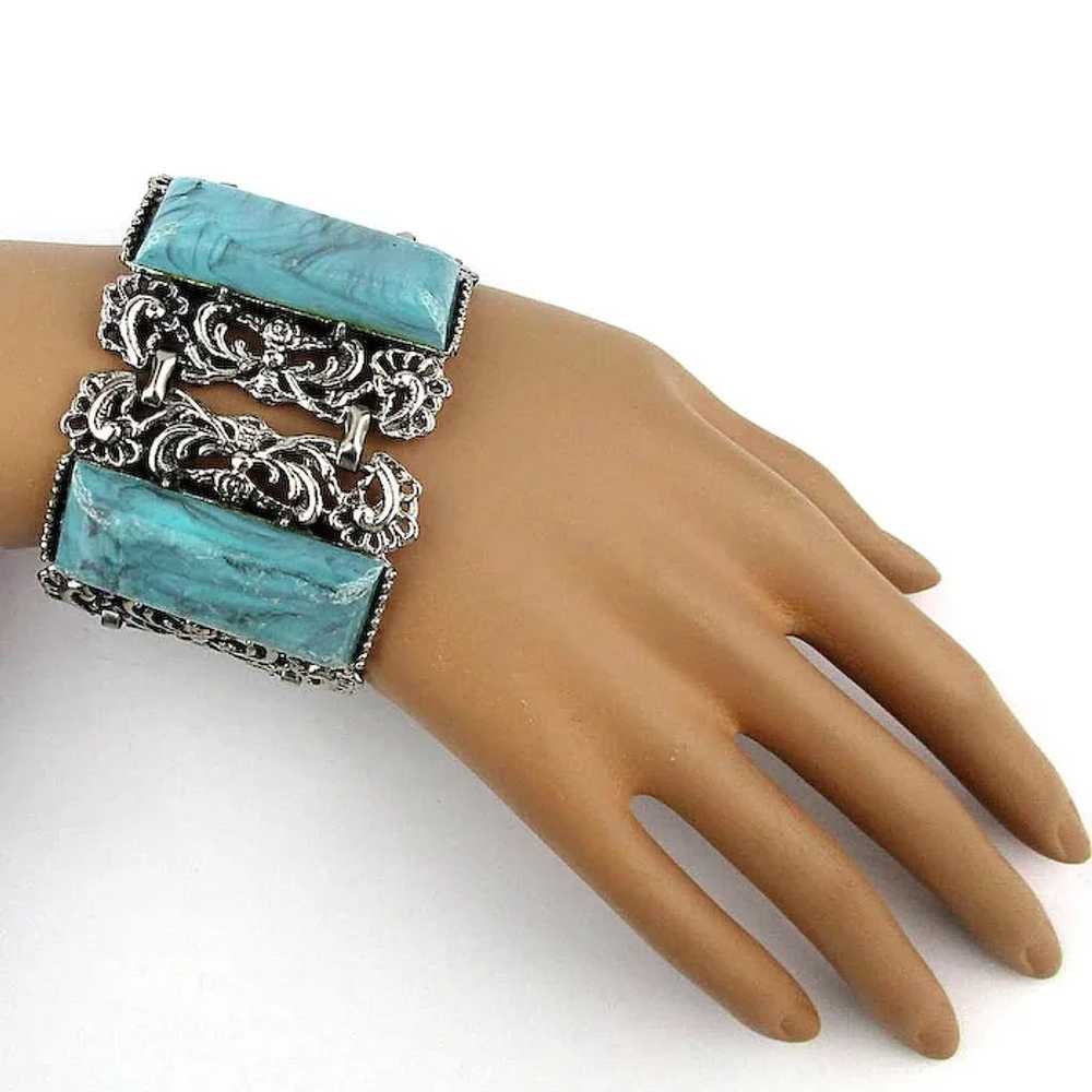 Wide Clunky Chunky Vintage Bracelet Faux Turquois… - image 3