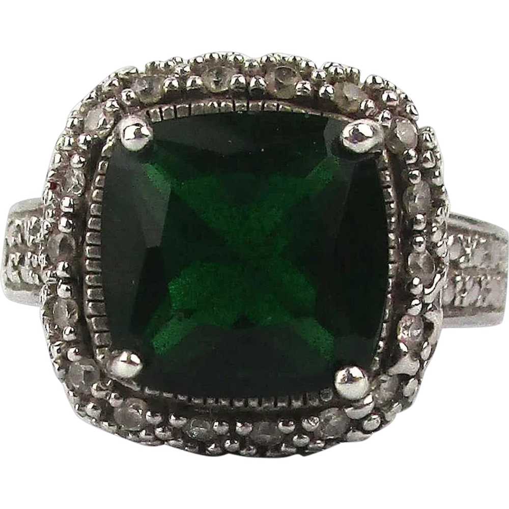 Vintage Sterling Silver Faux Emerald Diamond Ring - image 1