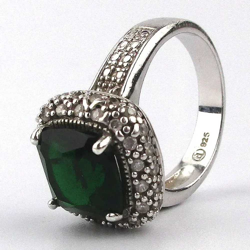 Vintage Sterling Silver Faux Emerald Diamond Ring - image 2