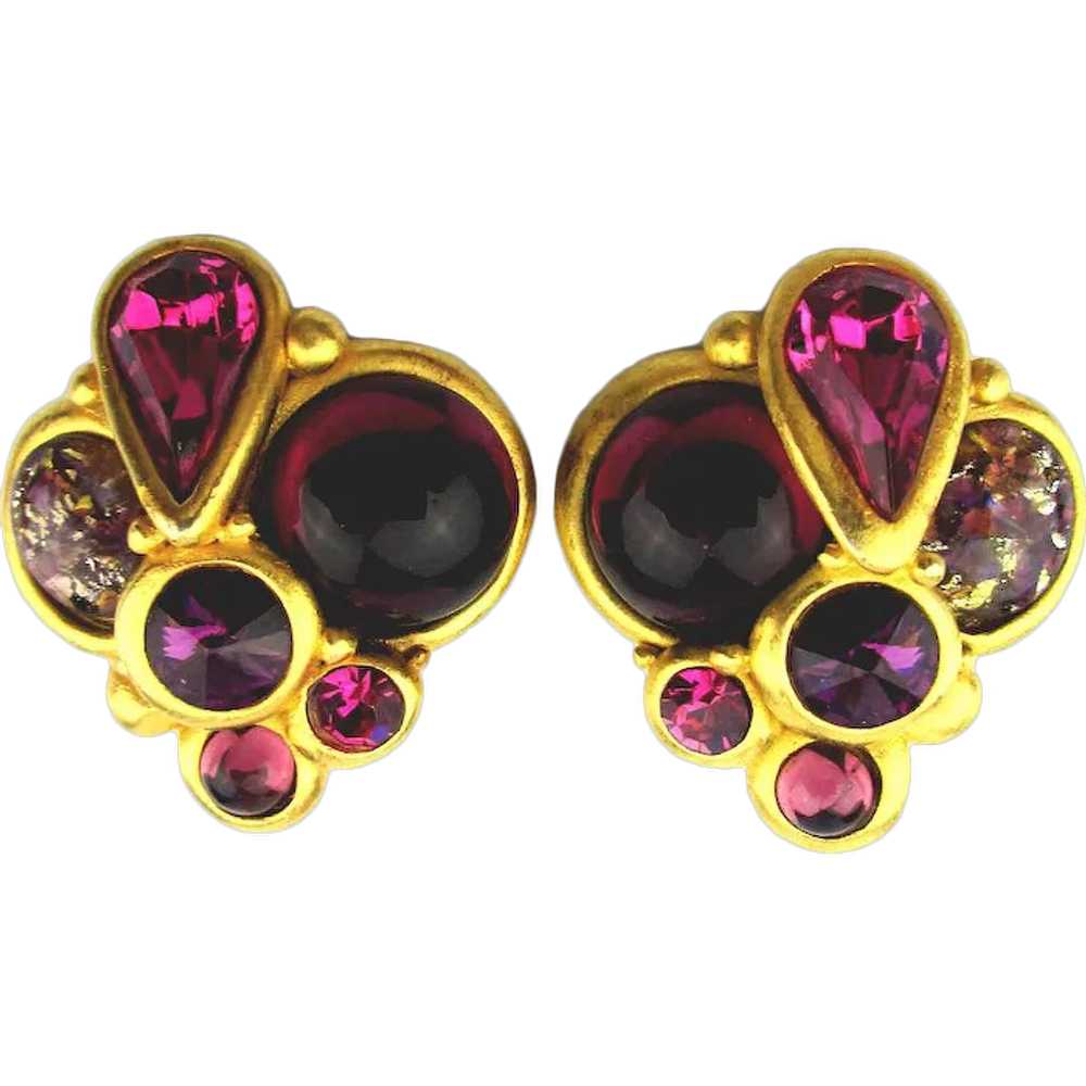 Vintage Georgiou Clip Earrings Jeweled in Goldtone - image 1