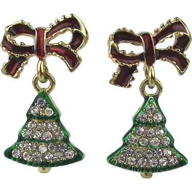 Rhinestone Christmas Tree Earrings Dangling from … - image 1