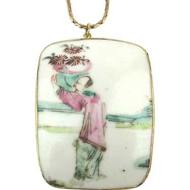 Large Porcelain Hand-Painted Flower Man Pendant N… - image 1