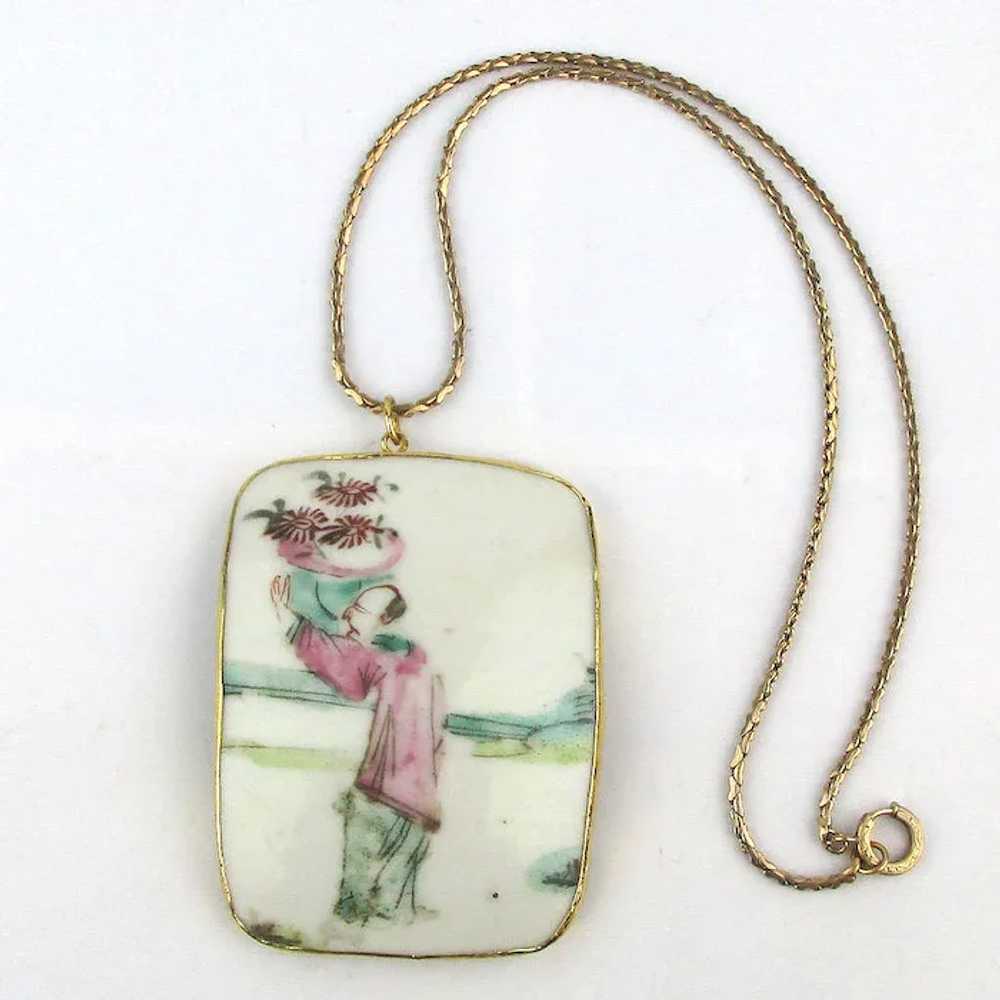 Large Porcelain Hand-Painted Flower Man Pendant N… - image 2