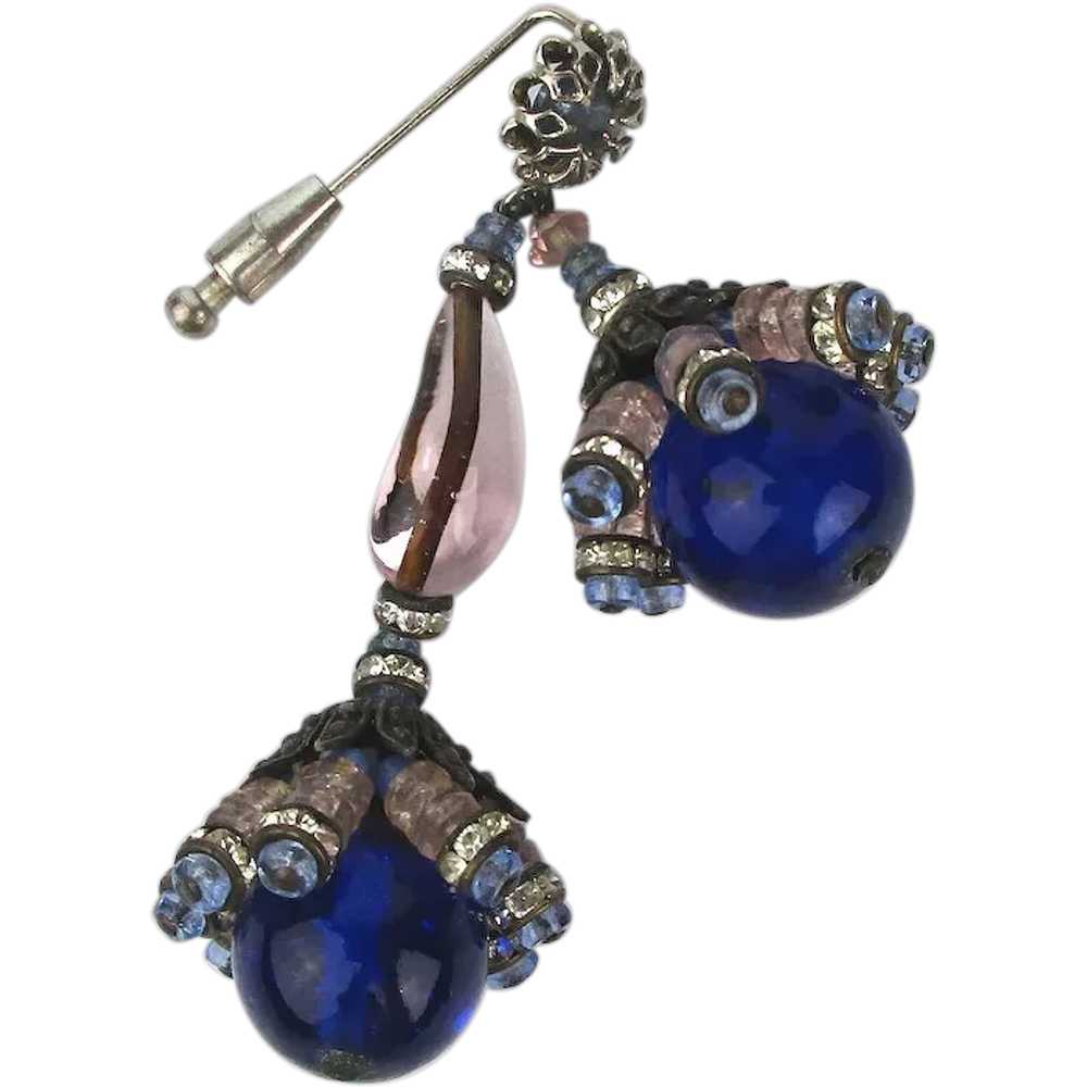 Art Deco Epic Stick Pin Dangling Cobalt Glass Rhi… - image 1