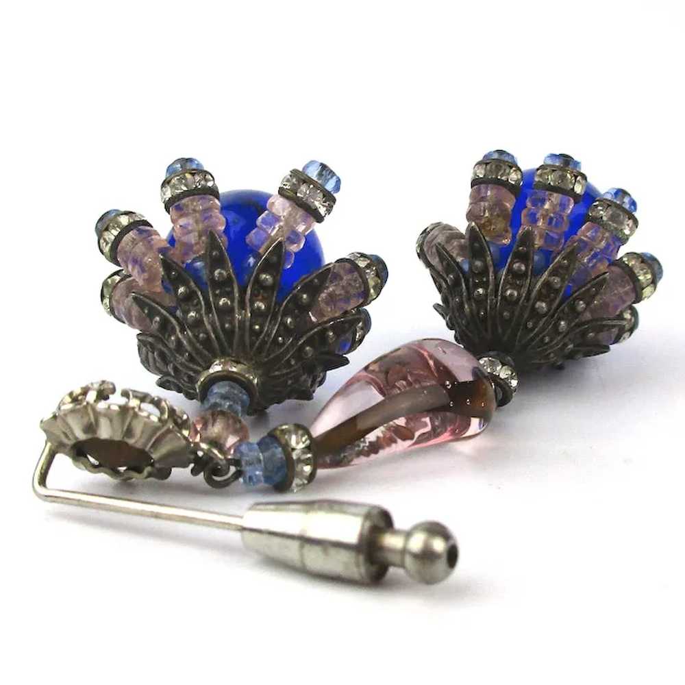 Art Deco Epic Stick Pin Dangling Cobalt Glass Rhi… - image 2