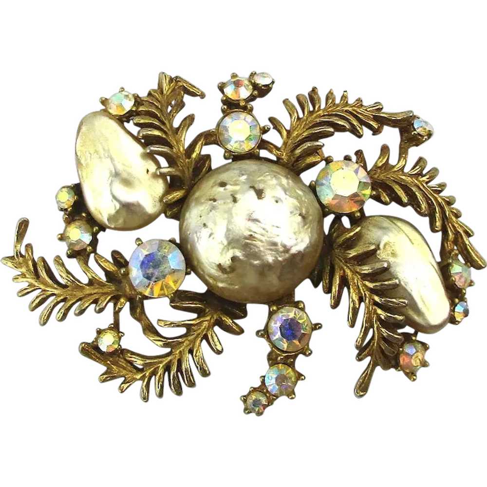 Large HAR Baroque Pearl AB Rhinestone Pin Brooch - image 1