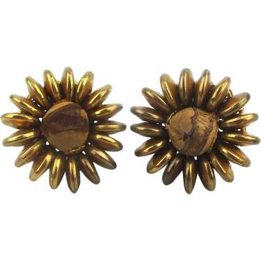 Miriam Haskell Gilded Brass Clip Earrings w/ Wood