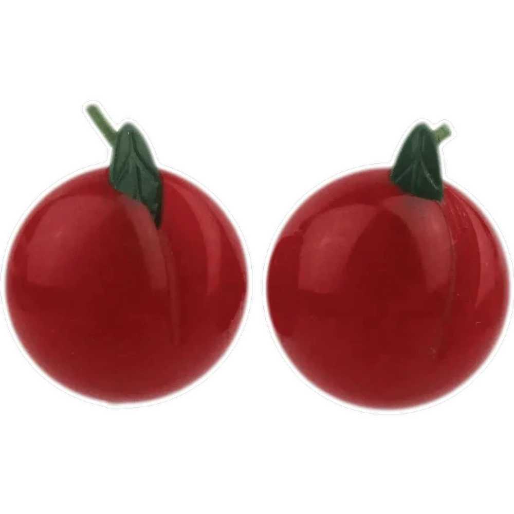 Yummy Red Bakelite Carved Apple Earrings - image 1