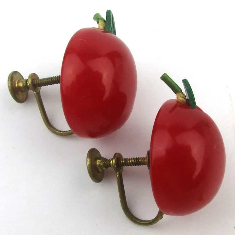 Yummy Red Bakelite Carved Apple Earrings - image 2