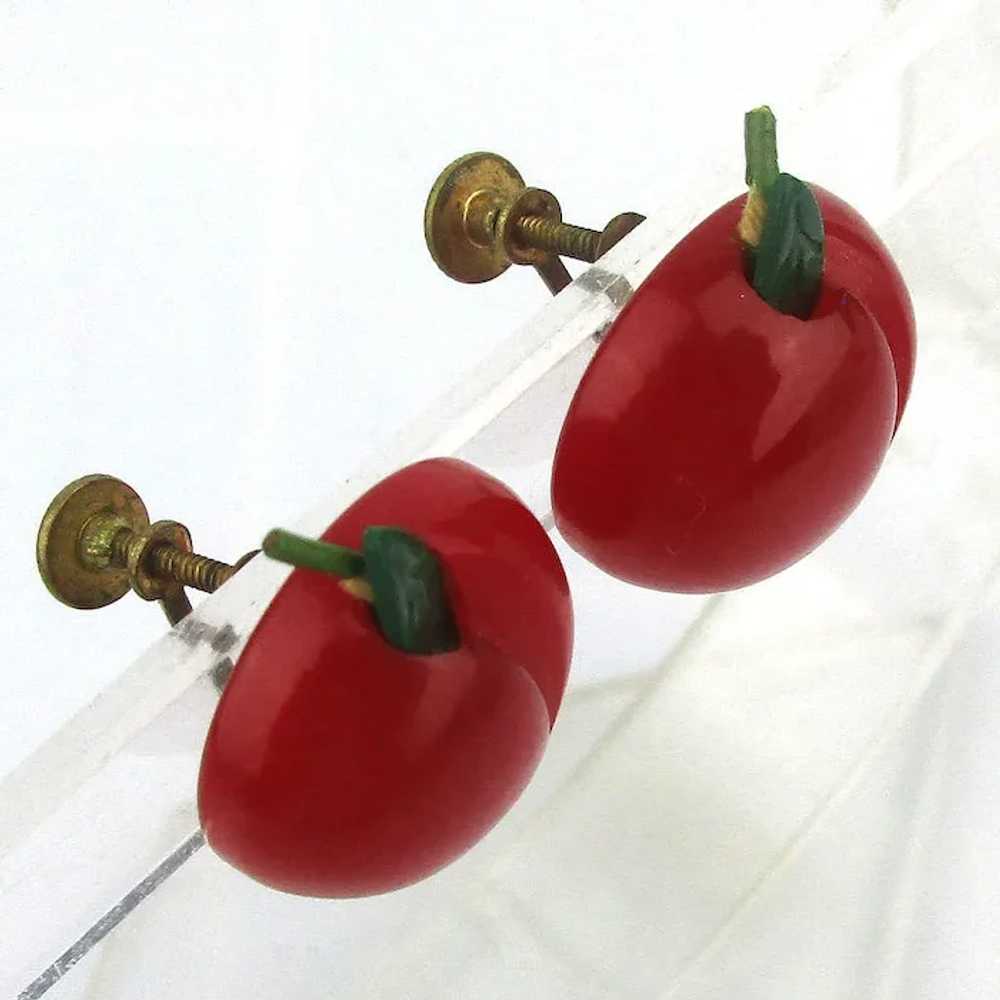 Yummy Red Bakelite Carved Apple Earrings - image 3