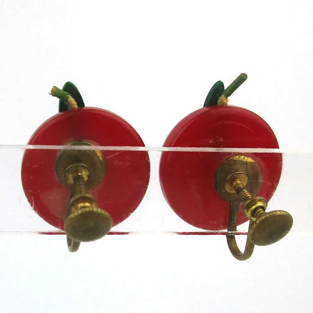 Yummy Red Bakelite Carved Apple Earrings - image 5