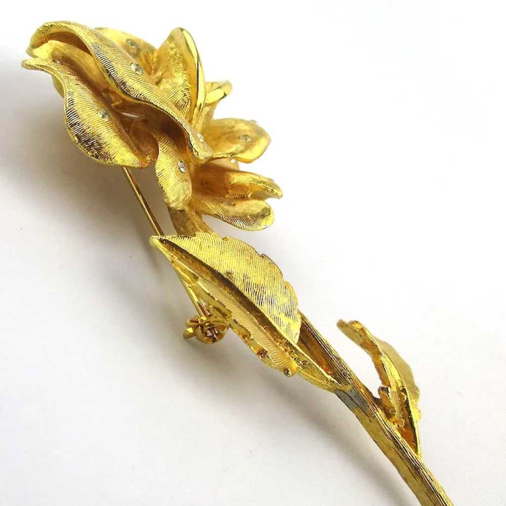 Big Gilded ROSE Pin Brooch w/ Teeny Crystals 4-In… - image 2