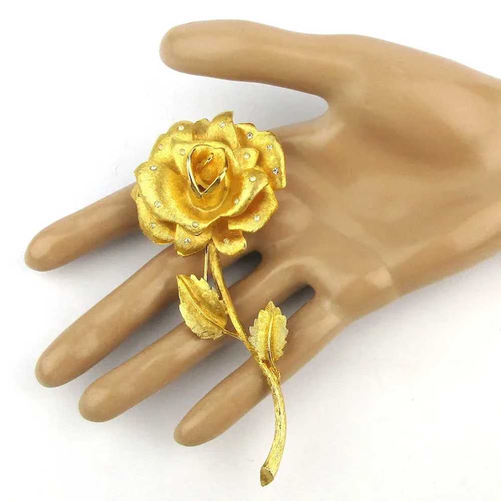 Big Gilded ROSE Pin Brooch w/ Teeny Crystals 4-In… - image 3