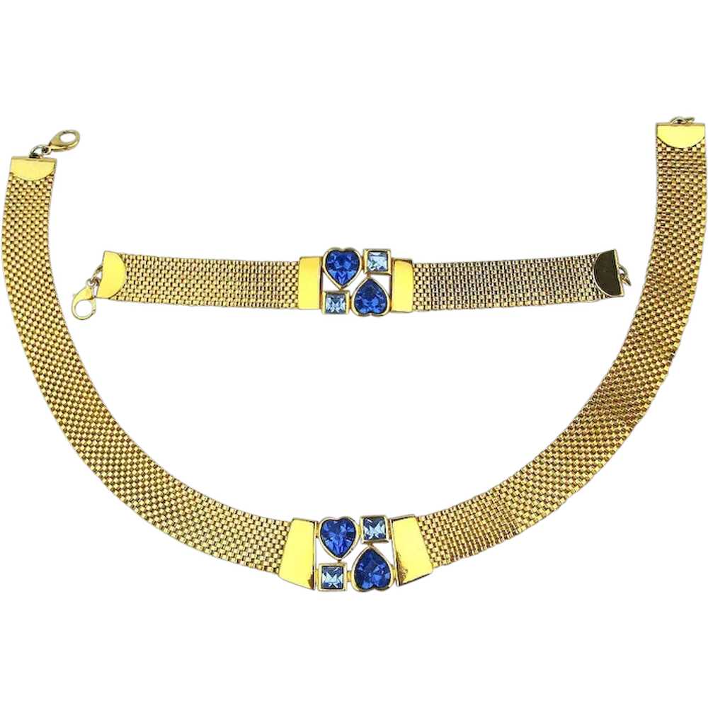 Vintage Gilded Mesh Necklace Bracelet Set w/ Blue… - image 1
