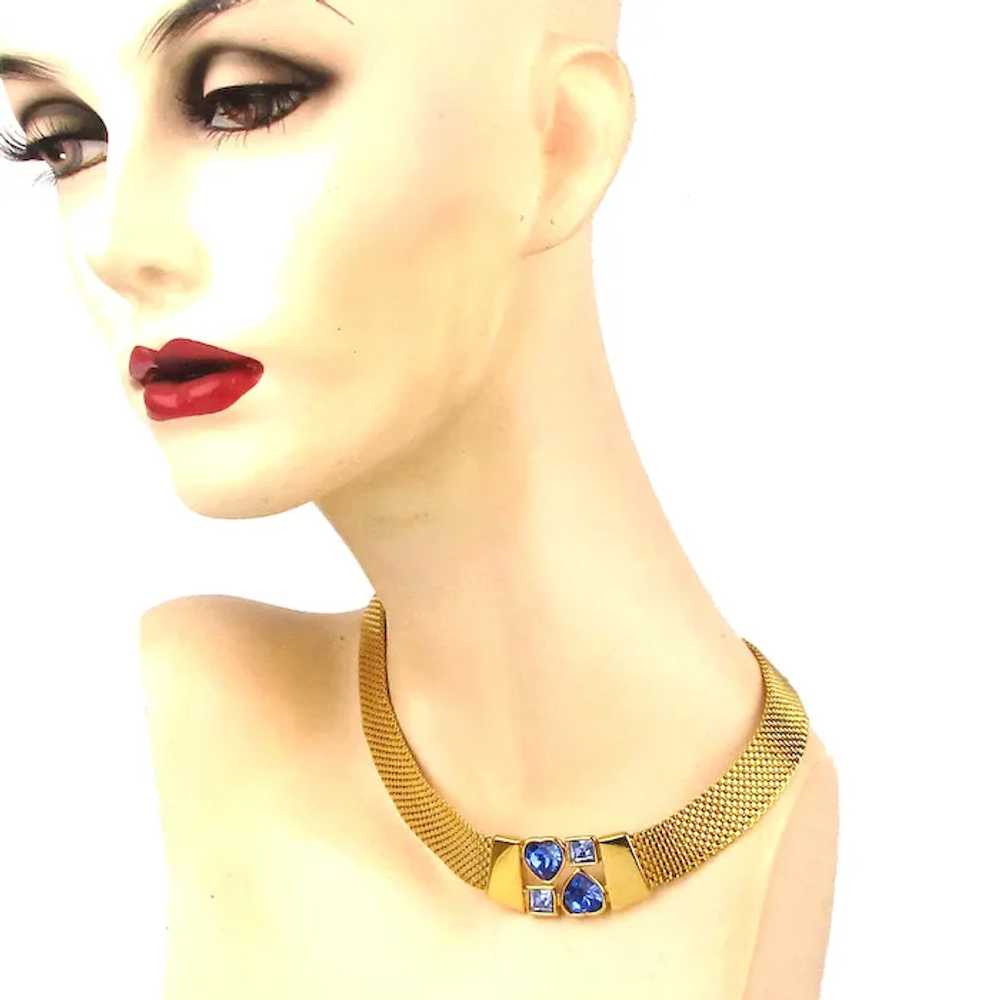 Vintage Gilded Mesh Necklace Bracelet Set w/ Blue… - image 3