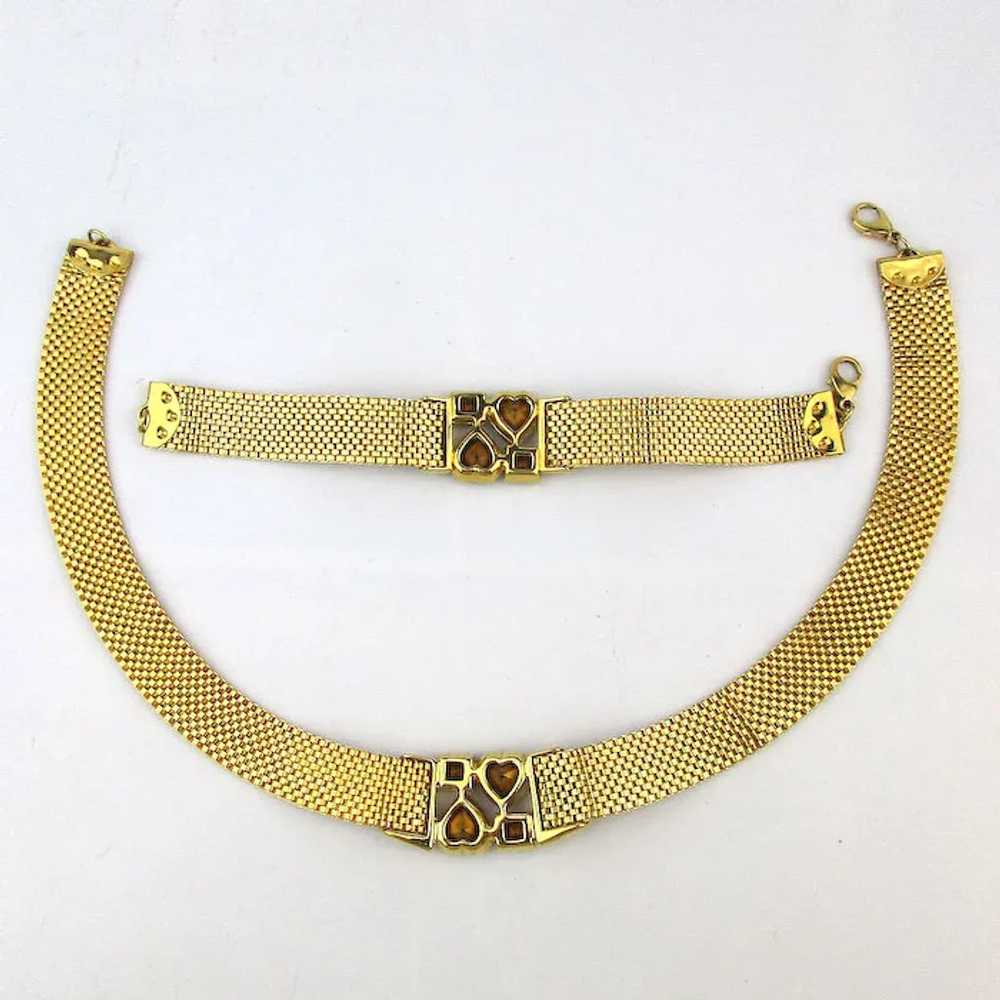 Vintage Gilded Mesh Necklace Bracelet Set w/ Blue… - image 6