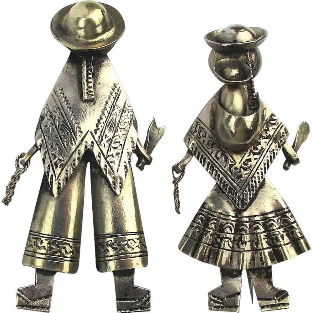 True Mexican Folk Art Figural COUPLE Silvertone P… - image 1