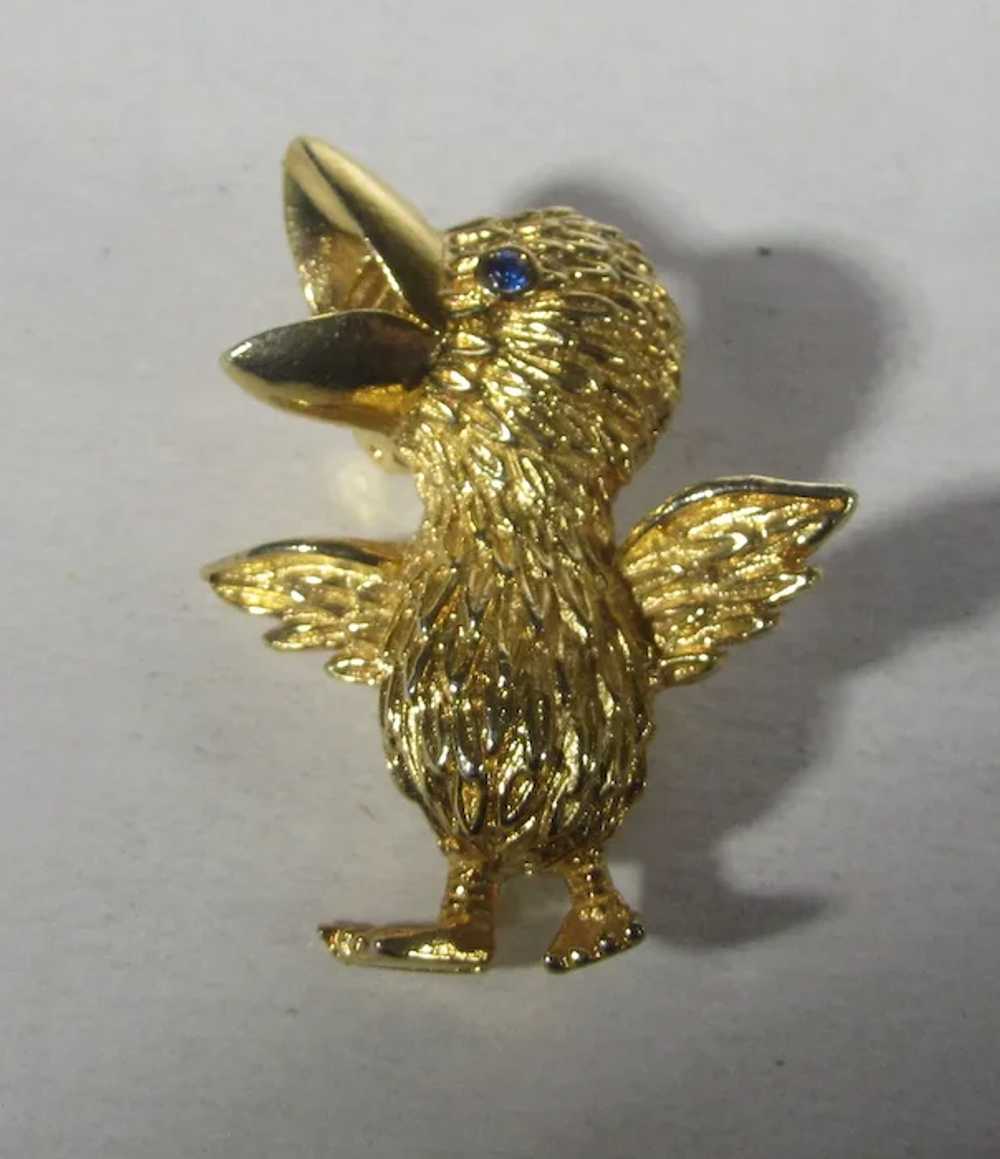 Vintage Gold Tone Chick Pin With Blue Crystal Eye… - image 4