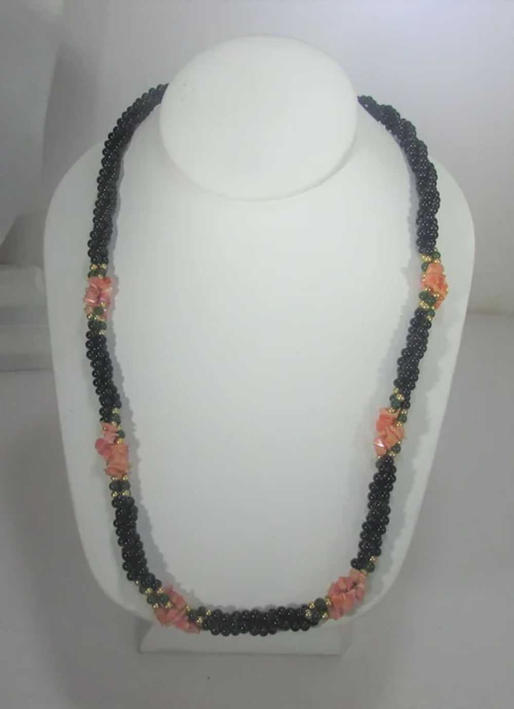 Vintage Black Bead Necklace With Six Coral Statio… - image 2