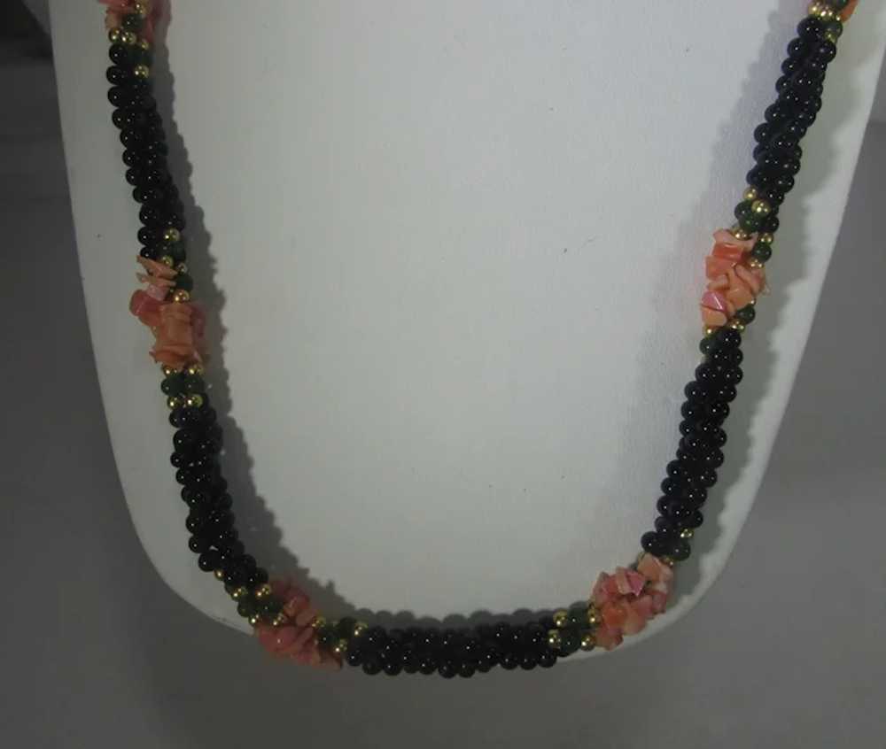 Vintage Black Bead Necklace With Six Coral Statio… - image 3