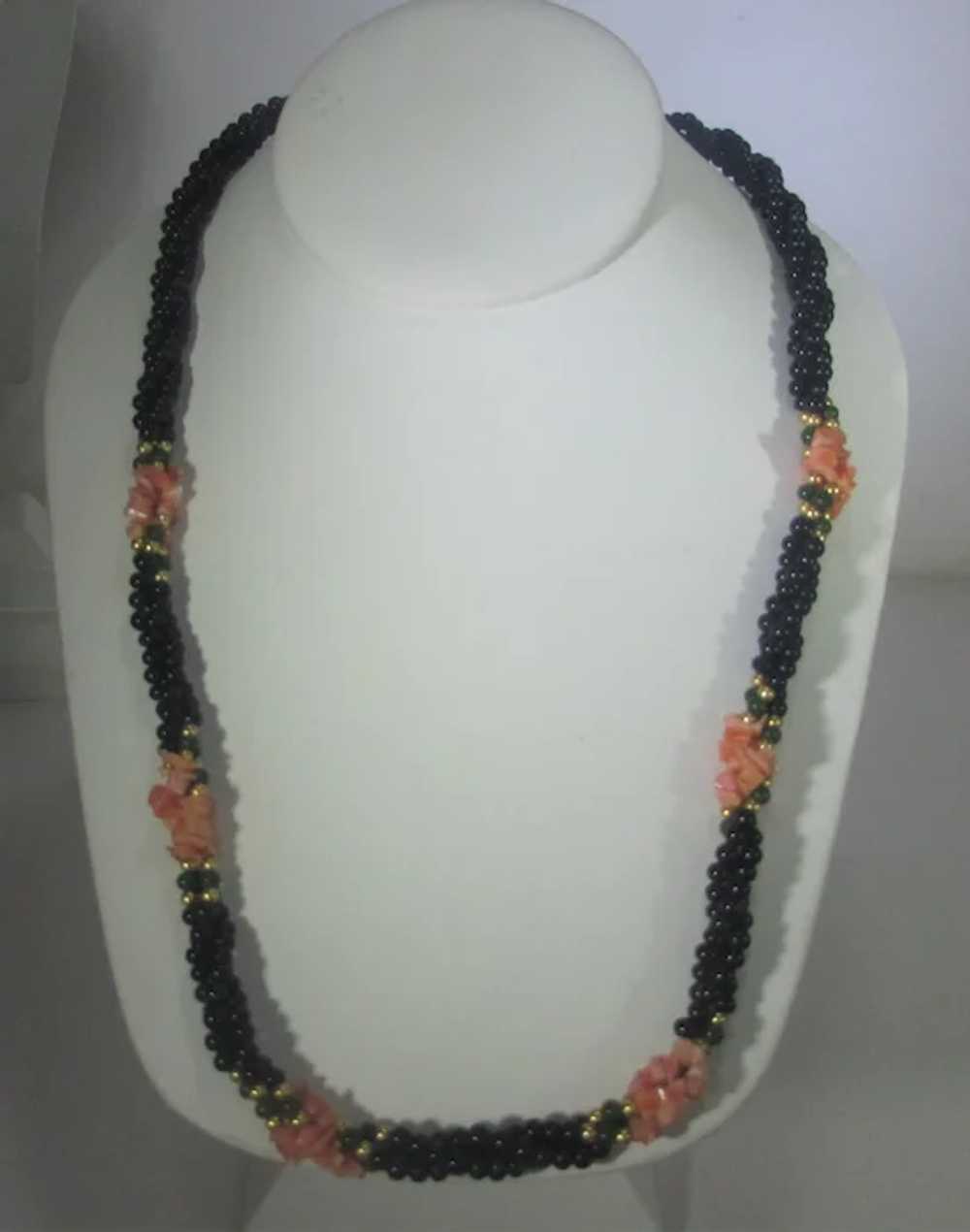 Vintage Black Bead Necklace With Six Coral Statio… - image 4