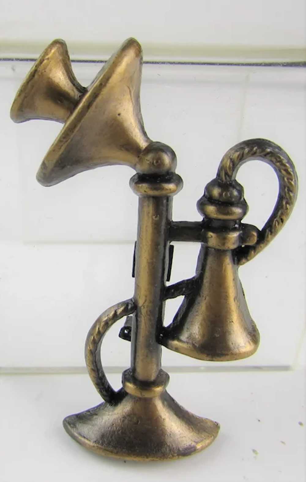Vintage Bronze Tone Candlestick Phone Pin - image 2