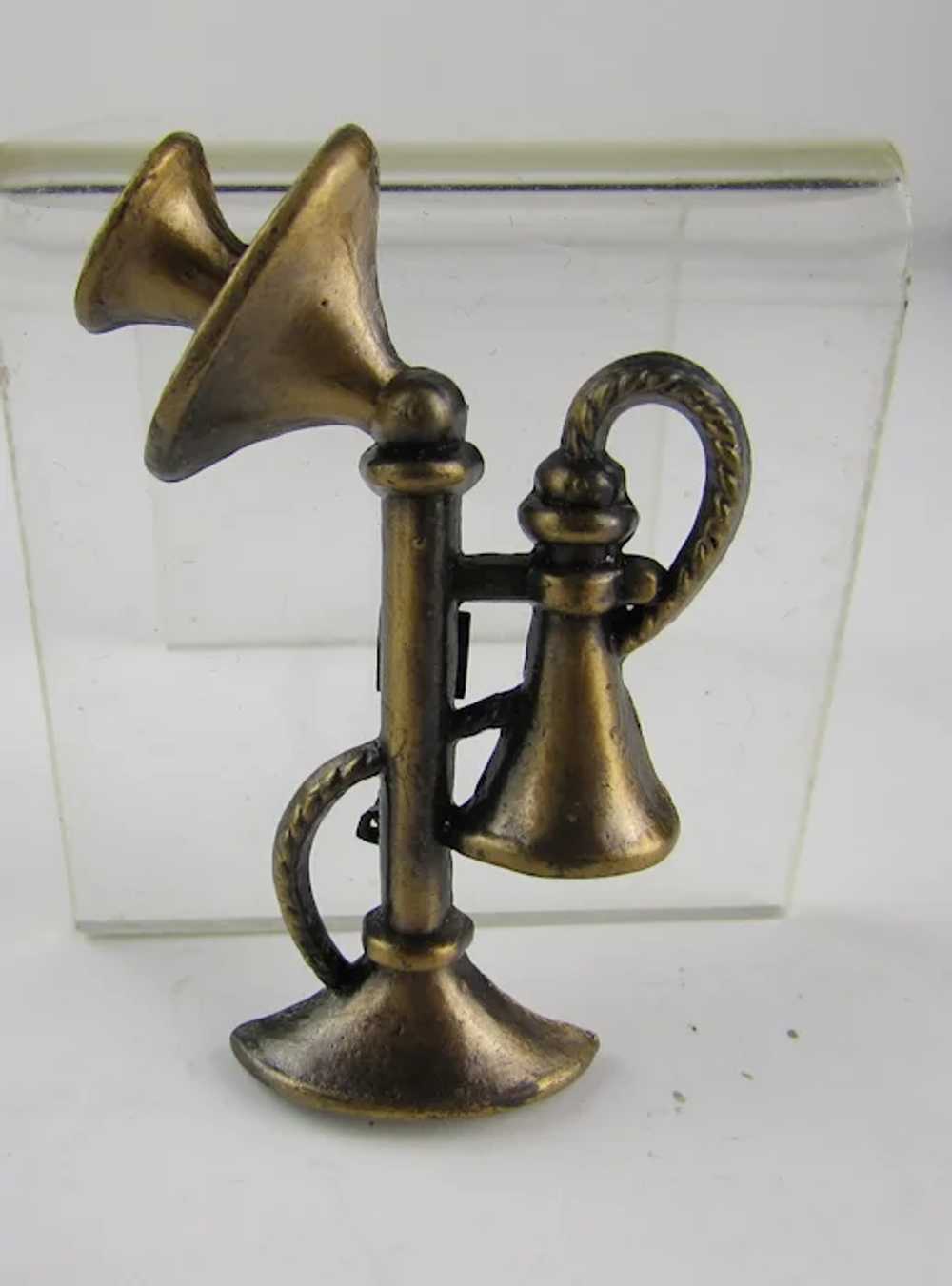 Vintage Bronze Tone Candlestick Phone Pin - image 4