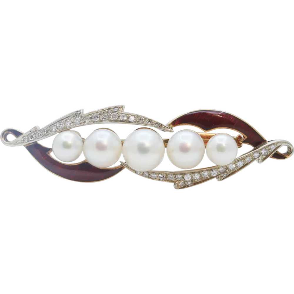 Unique Art Deco Diamonds Pearls Red Enamel 18K Ye… - image 1